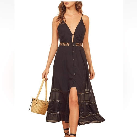 REFORMATION Black Lace Stripe Keyhole SHELLEY Sleeveless Crepe
Midi Dress Size 6 - Picture 14 of 16